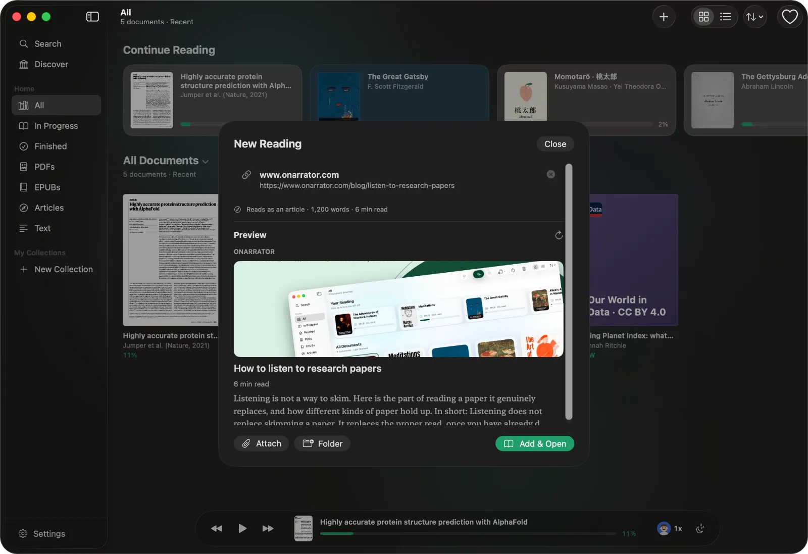 ONarrator's New Reading sheet on Mac with a pasted link and a preview of the article