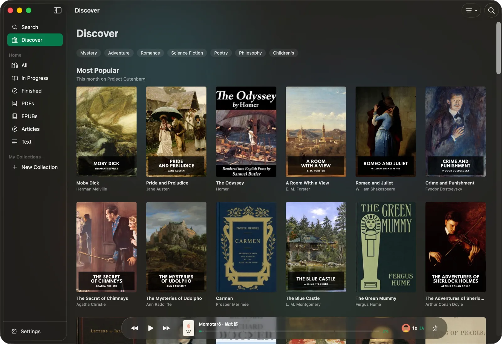 ONarrator's Discover tab on Mac, showing shelves of public-domain classics