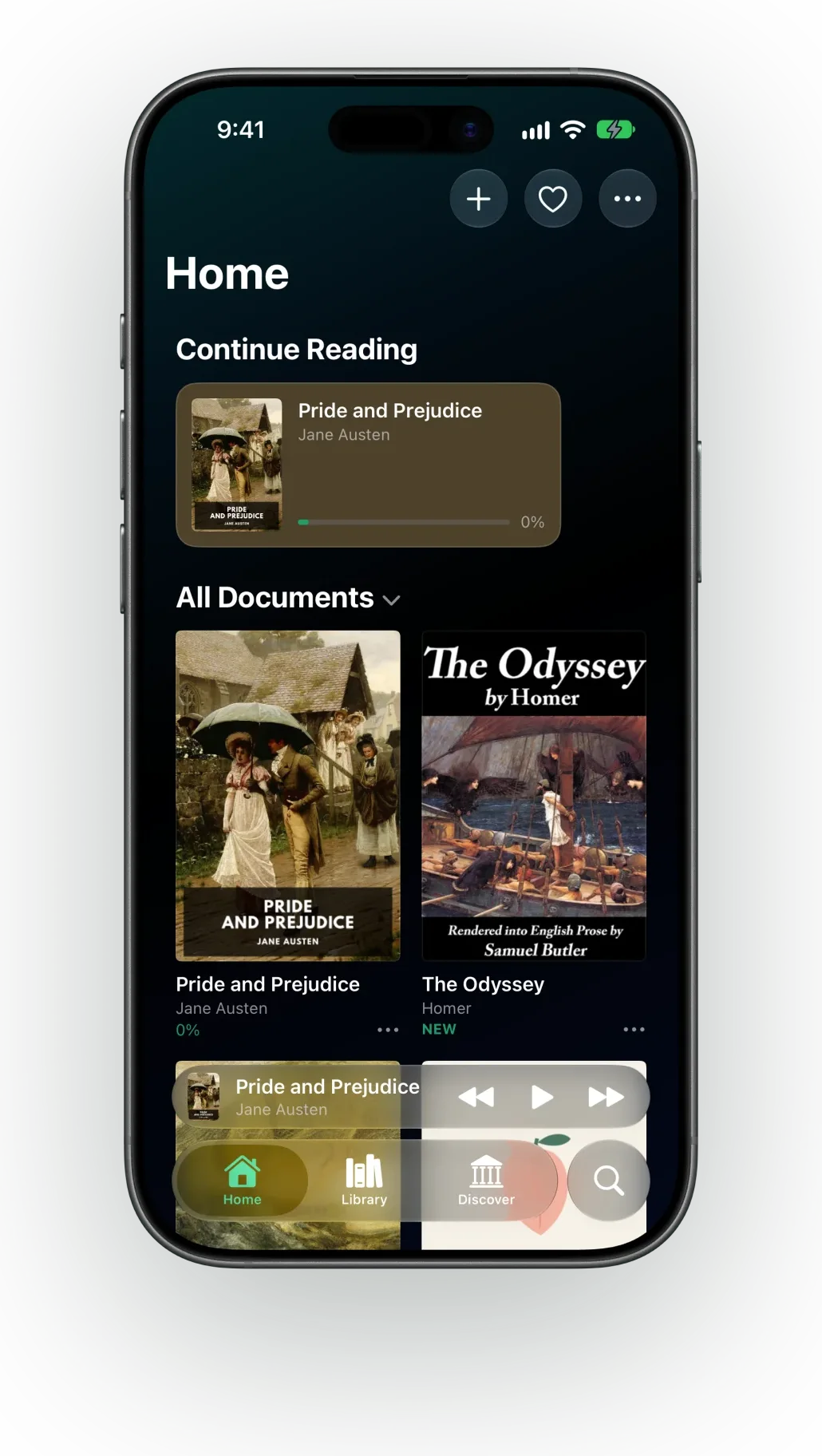 The ONarrator library on iPhone, with Continue Reading