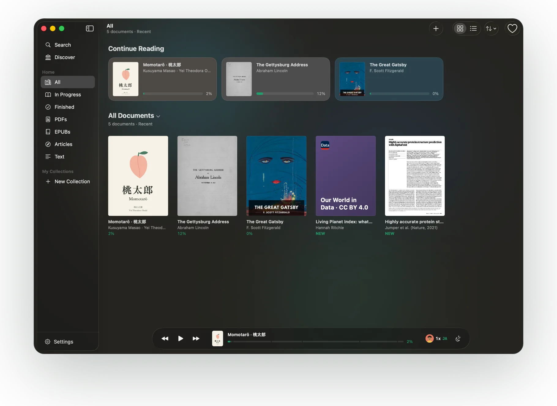 The ONarrator library on Mac, with Continue Reading and the player