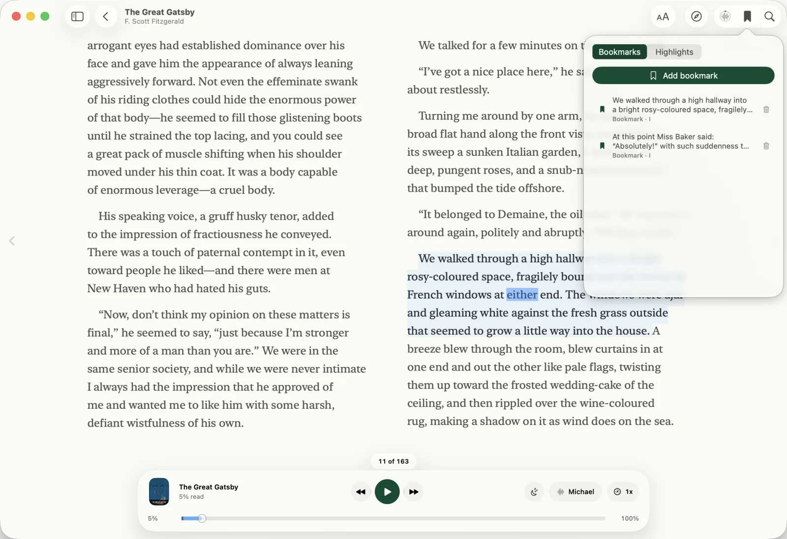 Bookmarks list in an open document
