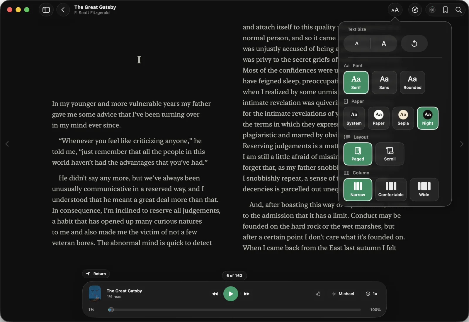 The reader in night mode with appearance controls open